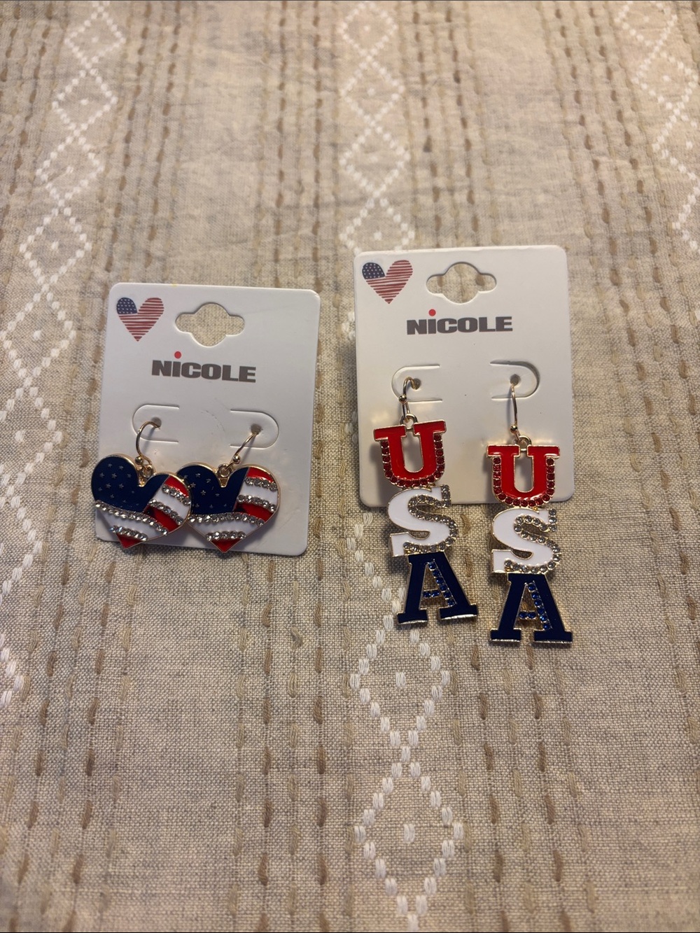Nicole Patriotic USA Letter Dangles and Flag Heart Studs - Red White Blue